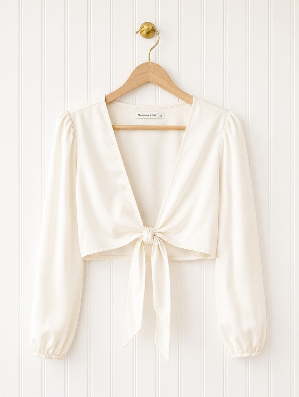 Abercrombie & Fitch | Ivory Satin Tie Front Blouse Cropped Top | Size Small - Picture 5 of 8